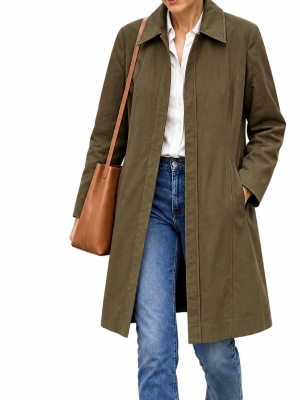 HALOGEN coat wind rain green cotton chino S buttons pockets collar light lining